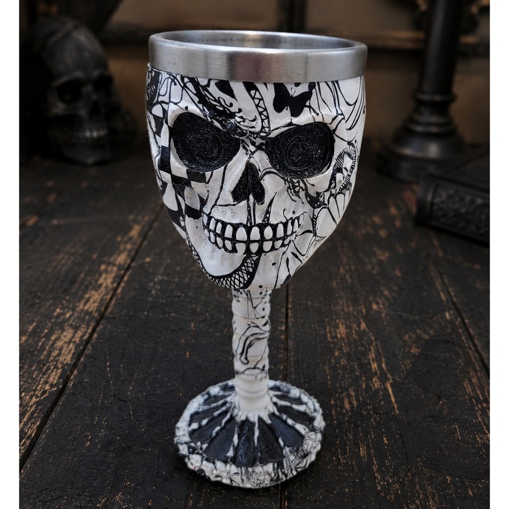Gothic Skull Goblet Black White Doodle Graphic Decor Chalice 7in candle holder